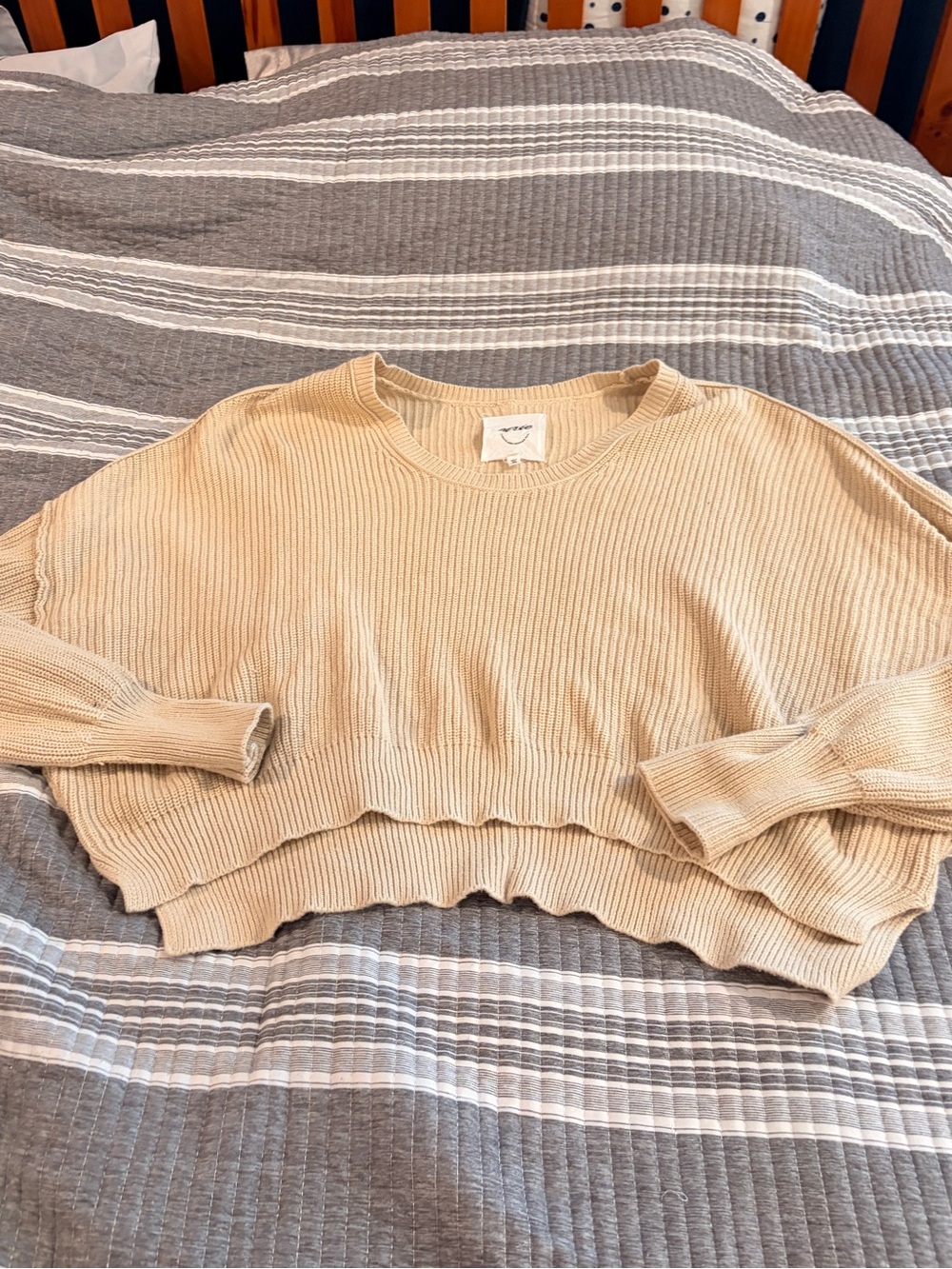 aerie Women’s medium Neutral Beige Ribbed Cropped Crewneck Sweater